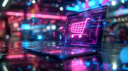 Futuristic e-commerce concept with neon graphics on a dark background