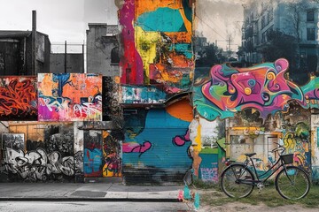 Experimental Collage of Vibrant Street Art and Aged Photographs with Bold Graffiti Textures and Dynamic Layers