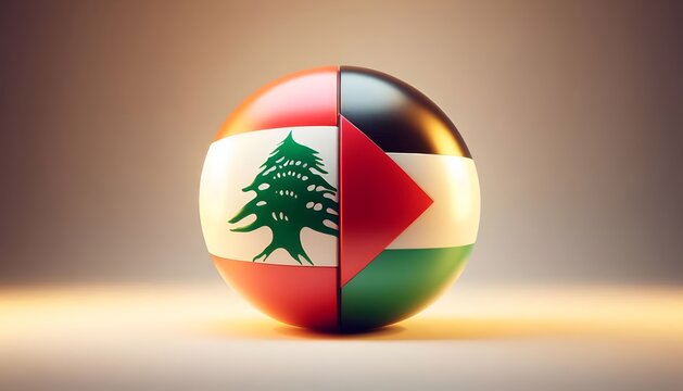 The image depicts a sphere divided into two halves, each representing the flags of Palestine and Lebanon