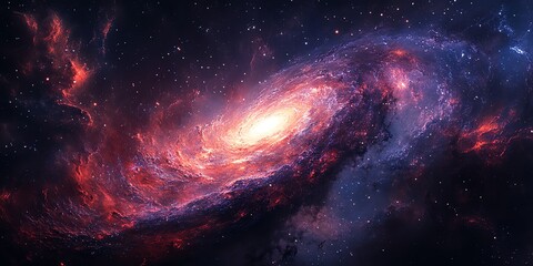 Fototapeta premium A spiral galaxy in space with red and blue colors and a bright core.