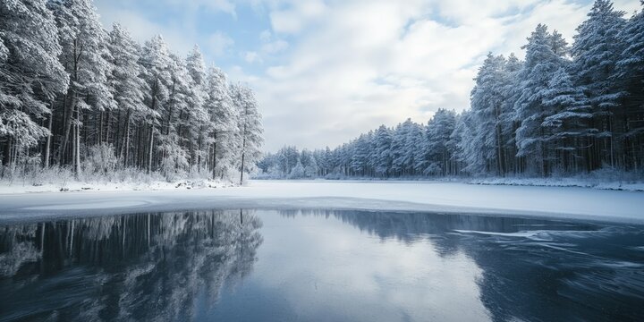 Serene winter landscape with frosted trees, a frozen lake, and calm skies. AI generated