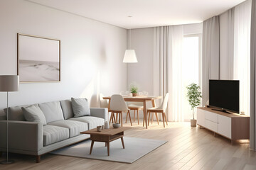 A modern, bright living room with a cozy atmosphere and dining area.