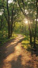 Sunlit forest path with trees and green foliage at sunset, serene nature walk concept
