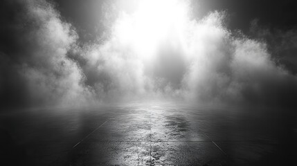 An abstract depiction of a dark room with a concrete floor as a black stage, ideal for product placement, surrounded by a panoramic view of white misty fog or smog.