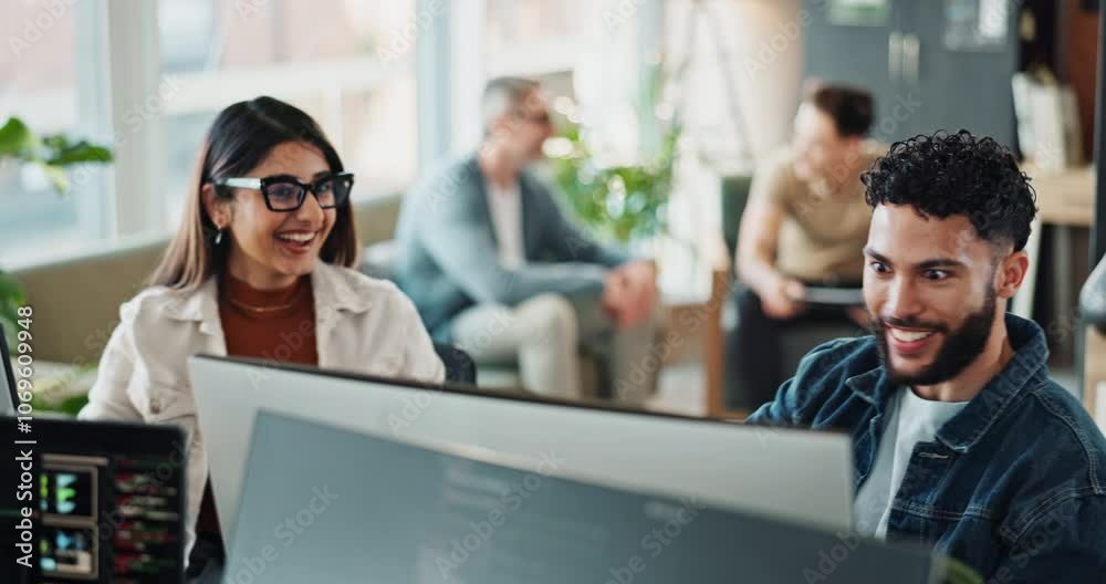 Poster Man, fist pump and computer with success in office for software development, website update and feedback. People, celebration and programming solution with IT, coding winner and promotion proposal