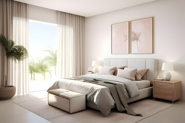 Modern bedroom with light decor, large windows, and minimalistic furniture.