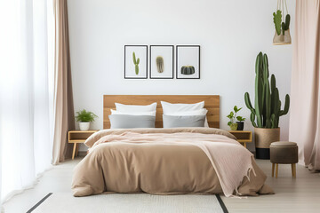 A cozy, modern bedroom featuring plants and minimalist decor for relaxation.