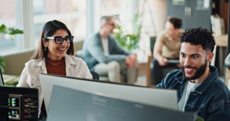 Man, fist pump and computer with success in office for software development, website update and feedback. People, celebration and programming solution with IT, coding winner and promotion proposal