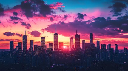 A stunning cityscape silhouette at sunset with vibrant pink and purple clouds.