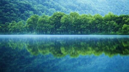 A serene dawn breaks over a peaceful lake, surrounded by lush greenery, with gentle mist rising from the glassy surface, reflecting the vibrant colors of the landscape.