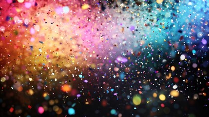 A colorful explosion of confetti is falling from the sky. The confetti is in various colors and sizes, creating a vibrant and lively atmosphere
