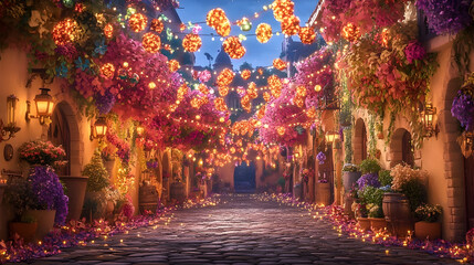 Fototapeta premium A cobblestone street lined with colorful flowers and glowing lanterns at dusk.