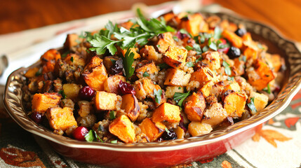 Stuffing with sweet potatoes and cranberries for a vibrant Thanksgiving flavor.