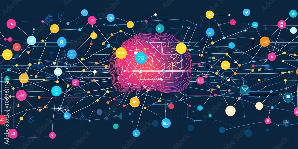 Aufkleber a stylized brain connected to colorful circles representing ideas, information, and knowledge.
