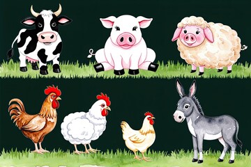 Colorful Hand-Painted Watercolor Farm Animals Set Featuring Adorable Cow Pig Sheep Chicken and Donkey