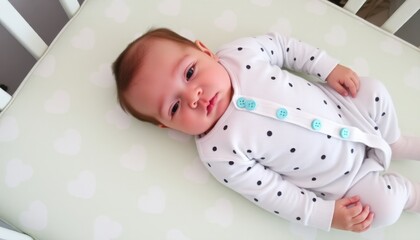 A baby in a white onesie with black polka dots and light blue buttons, resting on a light green mattress with white heart patterns in a crib..