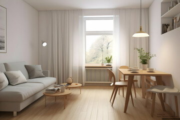 A cozy, modern living space with a dining area and natural light.