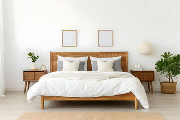A serene bedroom with a wooden bed, neutral decor, and plants for a calming atmosphere.
