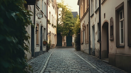 Fototapeta premium A cobblestone street lined with old buildings in a European city.