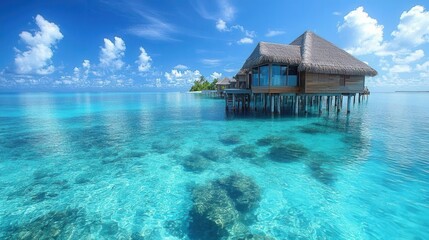 sumptuous beachfront retreat in the maldives with stunning turquoise waters and luxurious overwater bungalows. the idyllic setting creates a perfect escape for relaxation and tranquility