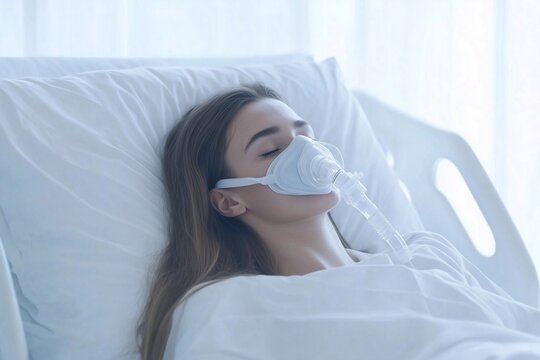a female patient sleeping in a hospital bed with oxygen mask in white room. Young woman recovering after sickness or getting obstructive sleep apnea therapy in hospital ward.