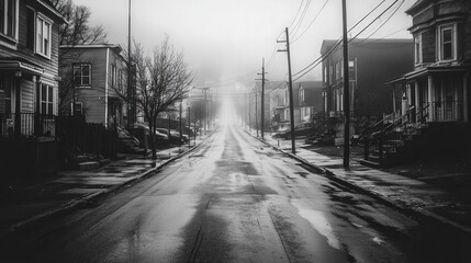 Foggy Street Scene With Houses And Cars