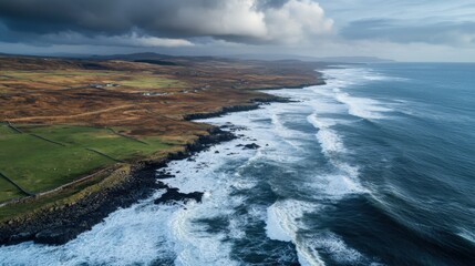 Aerial View of Coastal Landscape with Dramatic Waves