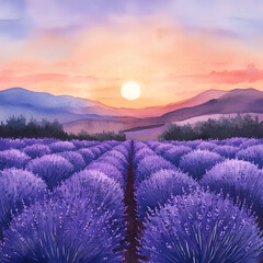 Lavender Field Sunset Watercolor Painting Landscape Nature Art
