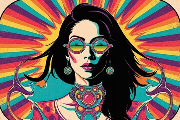 Naklejka premium Vivid Mind-Bending Vector Artwork of an Enigmatic Woman in 1970s Retro Fusion Style