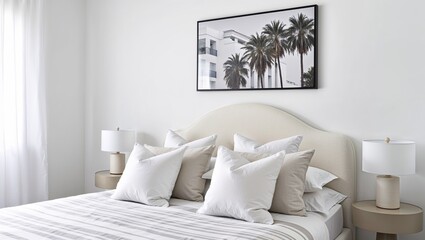 modern, minimalist bedroom with a soft, neutral color palette. The room features a neatly made bed with a curved, upholstered headboard in a light cream color. 