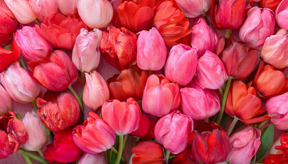 赤とピンク色のチューリップの花が敷き詰められた背景