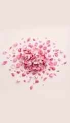 Fototapeta premium collection of pink cherry blossom petals dispersing outward from a central point, creating a dynamic and visually captivating effect against a soft, neutral background