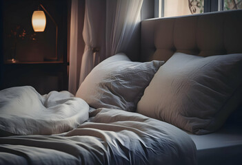 A cozy bedroom scene with unmade bed and soft pillows, creating a tranquil atmosphere.