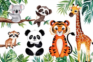 Fototapeta premium Charming Watercolor Jungle Animals with Koala Panda Sloth Tiger and Giraffe