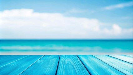  Blue wooden floor with a blurred seascape of blue ocean and sky in the background, creating a serene coastal atmosphere.