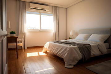 A serene bedroom with natural light, featuring a bed, desk, and minimalist decor.
