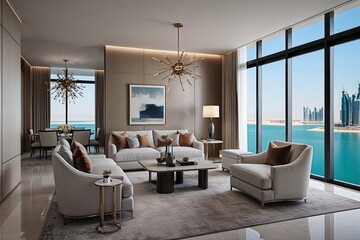 Fototapeta premium Luxury Waterfront Condo in Sharjah with Stunning 3D Minimalist Family Room Interior Design