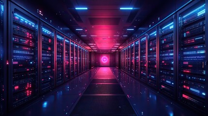 An illustration of a modern data center showcases a dark room filled with IT equipment, highlighted by blue light portals for cloud storage and cybersecurity.