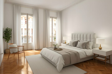 A serene, modern bedroom featuring a large bed, natural light, and minimalist decor.