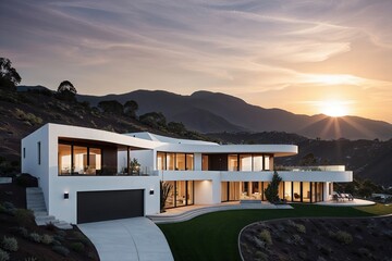Fototapeta premium Modern Residential Architecture Featuring Elegant Terrains and Curved Lines in Stunning Sunrise Backdrop