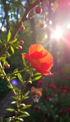 Obraz premium red flower, possibly a poppy, blooming on a tree branch with bright sunlight creating a warm glow. The background is a forest or garden with blurred greenery.