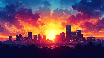 Fototapeta premium A vibrant cityscape with a blazing sunset and colorful clouds.