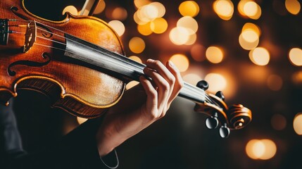 With a delicate touch, the musician’s fingers dance along the violin strings, illuminated by a warm glow from twinkling lights in the background, creating a magical atmosphere.