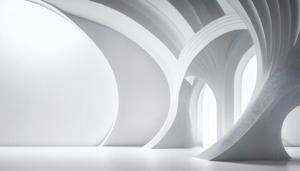 A sleek, modern interior with flowing architectural curves and a bright, minimalistic aesthetic emphasizing space and light.