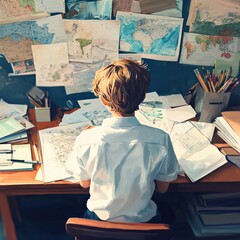 Young Scholar Analyzes Maps and Plans Future Adventures