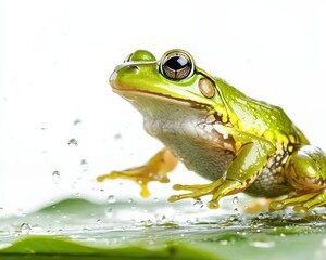 Fototapeta premium Green frog jumping on leaf, water splash, white isolated background