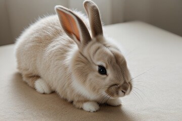 Luxurious Beige Wool Cotton Canvas with Authentic Bunny Fur Accents