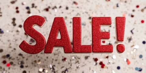 Big SALE in bold red letters with decorative confetti around.