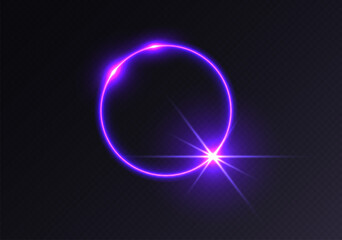 Purple light flare, glowing shiny sparkle, lens flare effect, bright glimmering glare. Vector illustration.