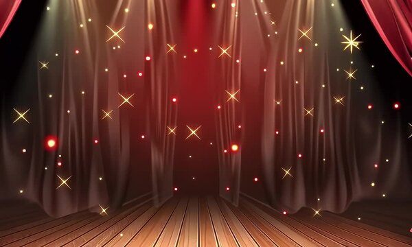 Red stage curtain with lights and wood floor background for theater performance or show vector illustration